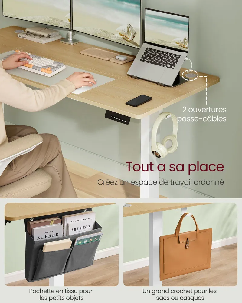 Organisateur de tiroir Bureau électrique assis-debout bureau réglable en hauteur 60 x 120 x (72-120) cm 4 hauteurs mémoris...