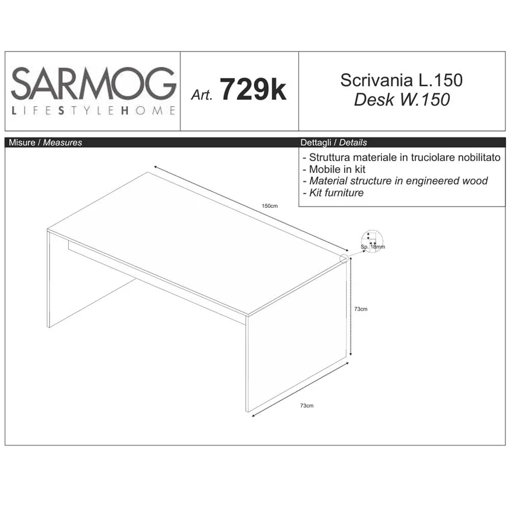 Projecteur de Présentation Bureau de bureau avec plateau de surface anti-rayures à haute densité de 120X73 cm finition Oxy...