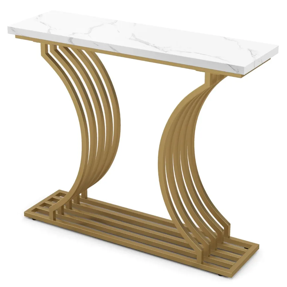 Table console imprimée marbre 100 x 29,5 x 80,5 cm (l x l x h) cadre en métal doré style scandinave tendance blanc 20_0009349