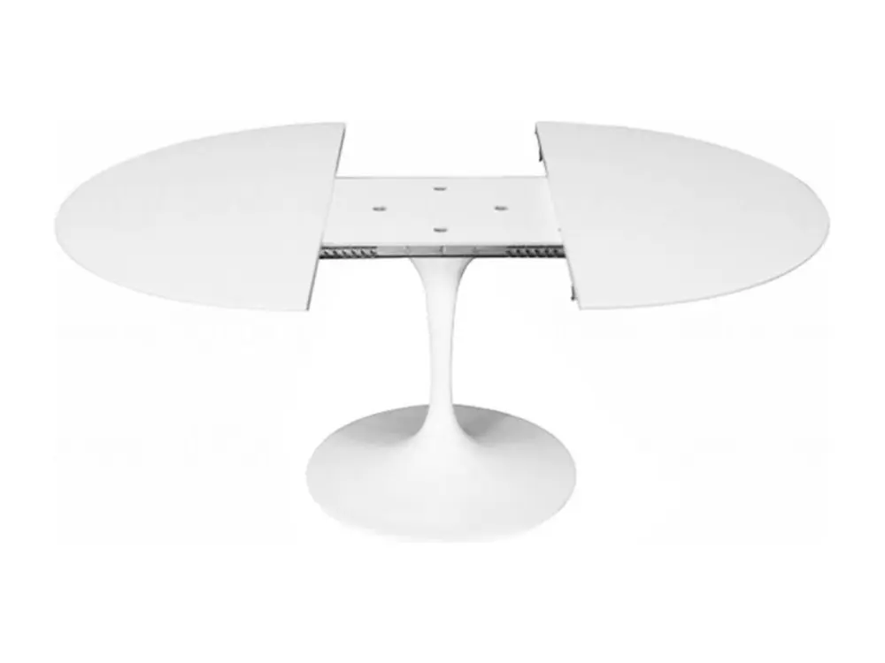 Table tulipe ronde extensible-Plateau Blanc mat-Largeur 93/138 cm-Piètement Blanc brillant Montage Facile