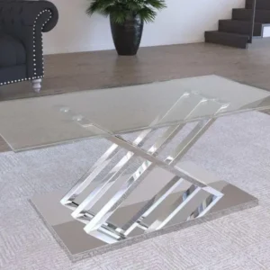 Table basse rectangulaire design avec pieds géométrique argentés NELLA avec mécanisme à manivelle
