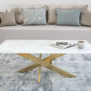 Table basse rectangulaire design verre marbré et pieds dorés MELISSA avec Plateau en Stratifié