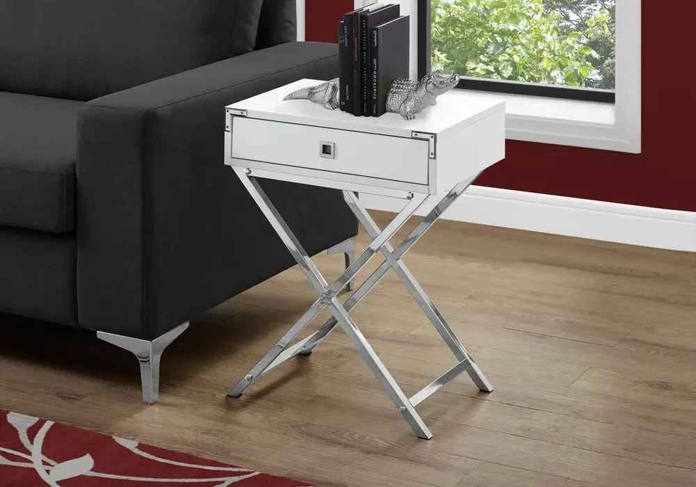 Table D'Appoint - 24"H / Blanc Brillant / Metal Chromé