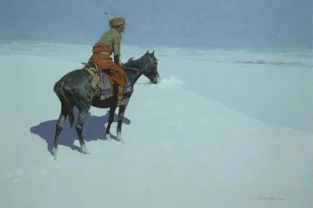 Tableau Amis ou ennemis, l'éclaireur - Frederic Remington | Reproduction avec Plateau en Stratifié