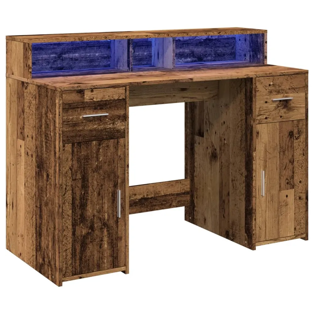Bureau table poste de travail meuble d'ordinateur informatique étude avec lumières LED vieux bois bois d'ingénierie brun 0...
