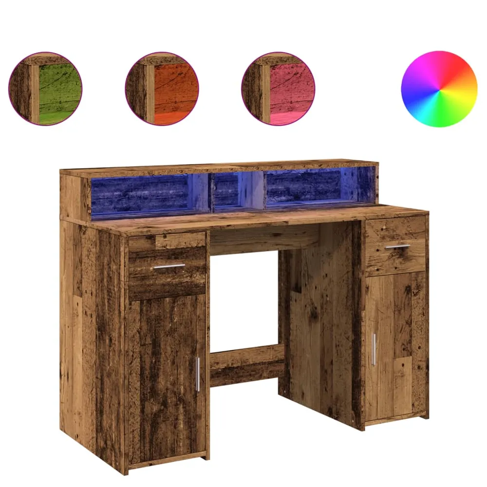 Bureau table poste de travail meuble d'ordinateur informatique étude avec lumières LED vieux bois bois d'ingénierie brun 0...