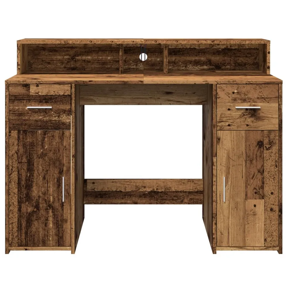 Bureau table poste de travail meuble d'ordinateur informatique étude avec lumières LED vieux bois bois d'ingénierie brun 0...