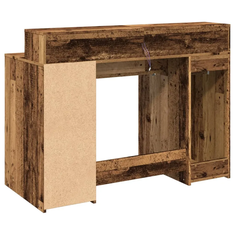 Bureau table poste de travail meuble d'ordinateur informatique étude avec lumières LED vieux bois bois d'ingénierie brun 0...
