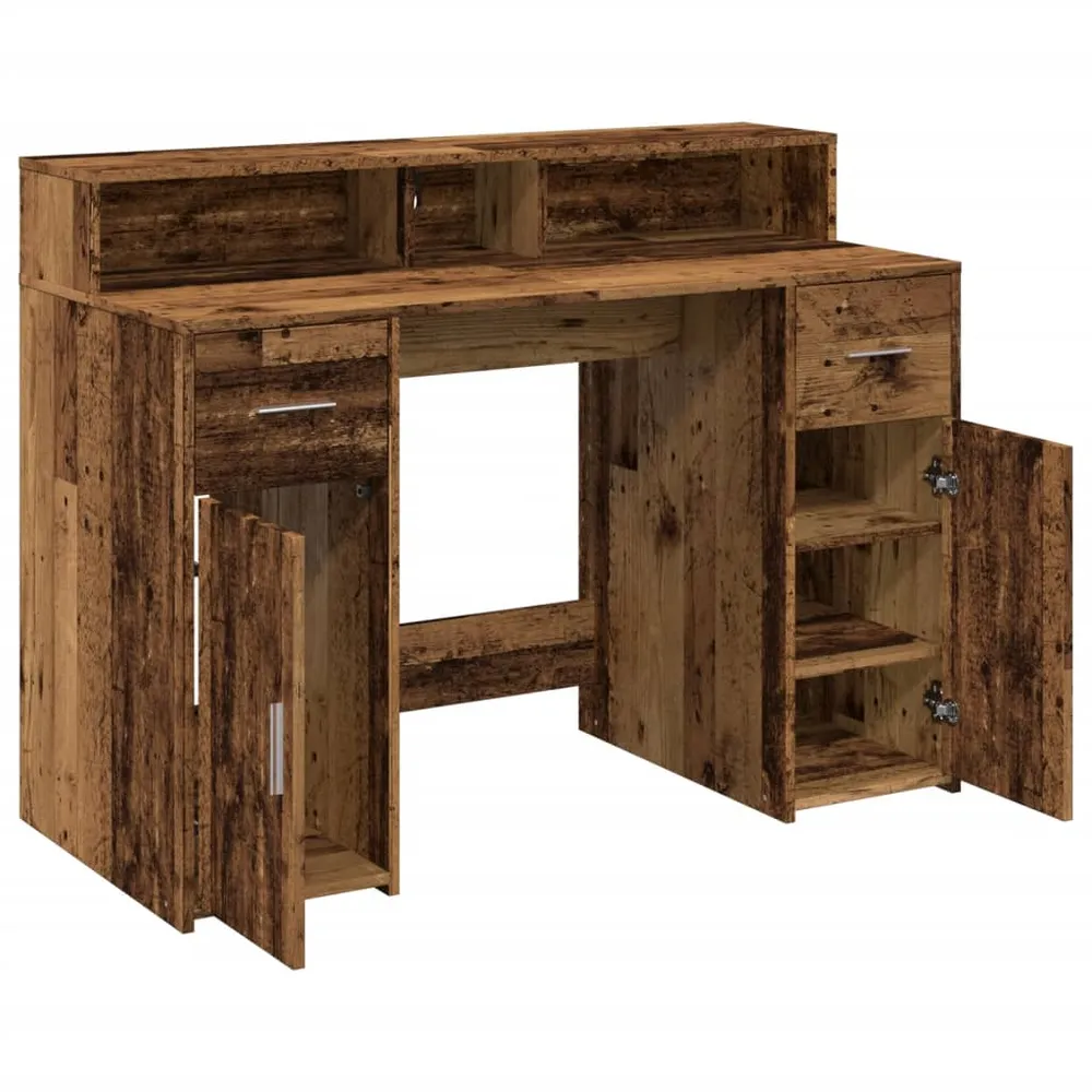 Bureau table poste de travail meuble d'ordinateur informatique étude avec lumières LED vieux bois bois d'ingénierie brun 0...