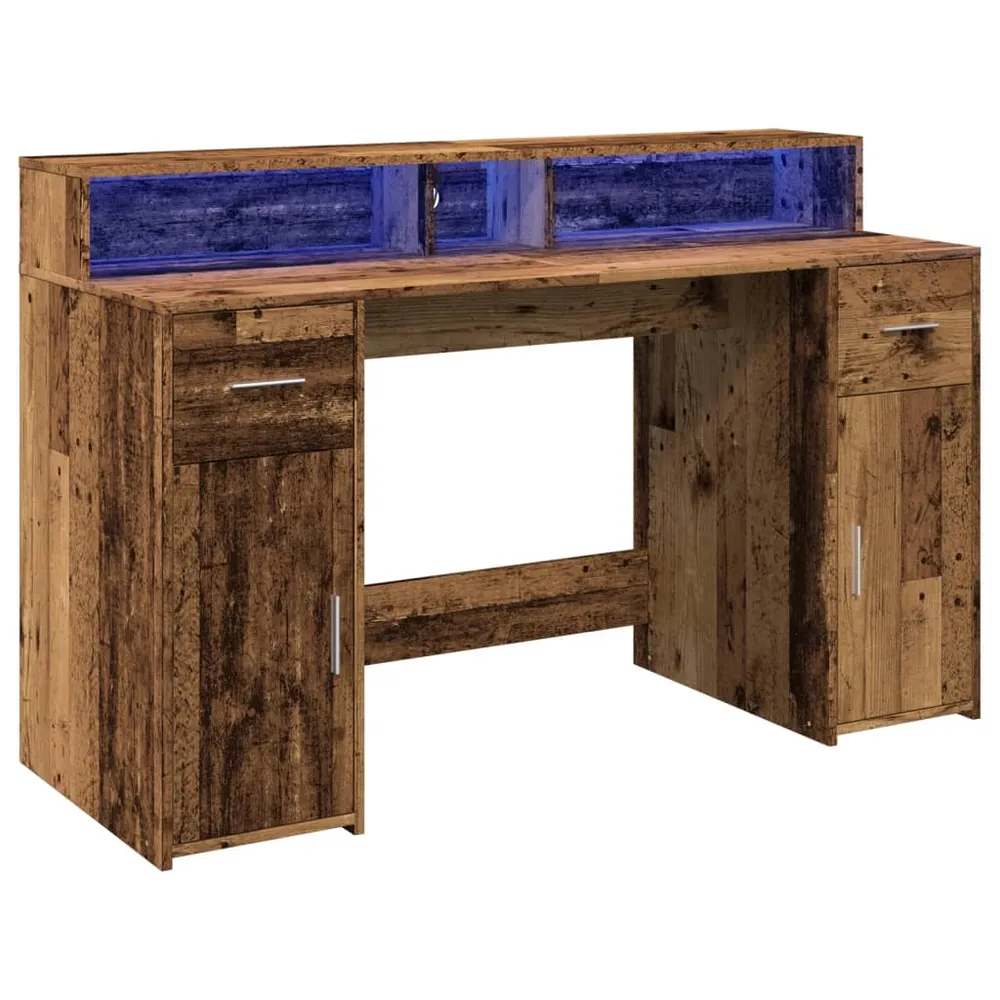 Bureau table poste de travail meuble d'ordinateur informatique étude avec lumières LED vieux bois bois d'ingénierie brun 0...
