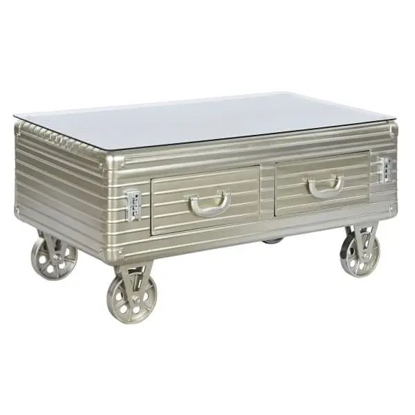 Table Basse Ancien en Métal Argenté avec Roues 100 x 52 x 46 cm