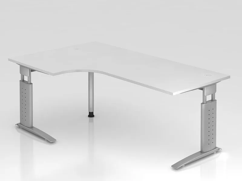 Table d'angle Hammerbacher pied C 200x120cm 90° blanc/argent forme d'angle 90° chemin de câbles horizont...