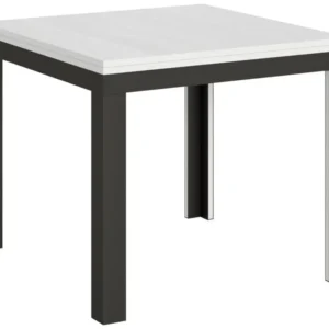 Table Linea Libra Frêne Blanc 90x90 Allongée 90x180 cadre Anthracite pour configuration en L