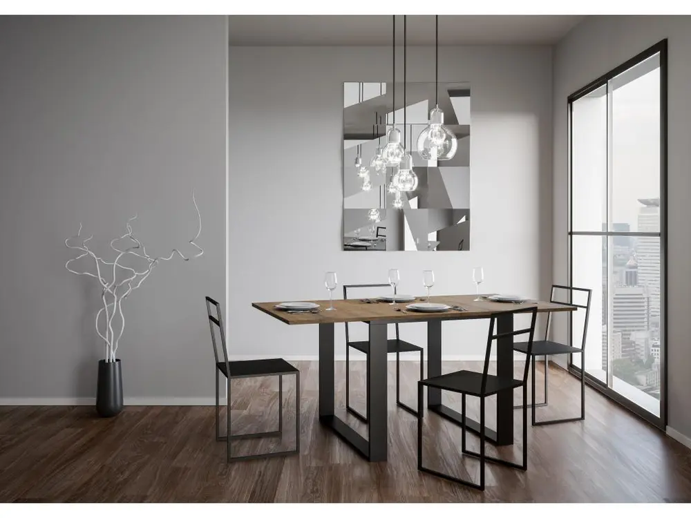 Table Tecno Libra Noyer 90x90 Allongée 90x180 cadre Anthracite pour configuration en L