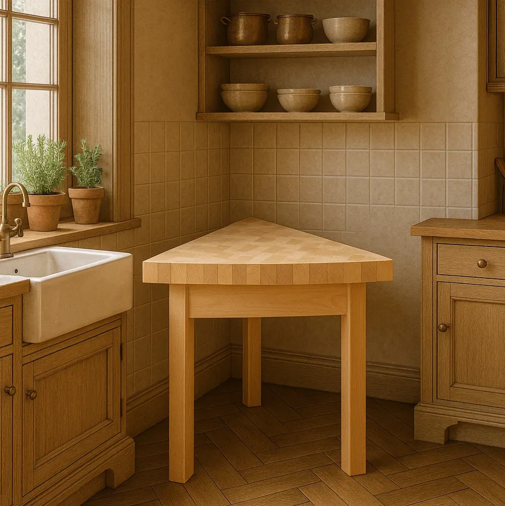 Meuble billot design "La table triangulaire" avec revêtement résistant aux taches