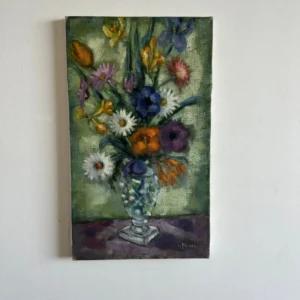 Plateforme réglable en hauteur Bouquet de fleurs sur toile fond vert et table violette