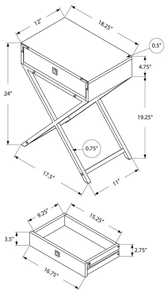 Table D'Appoint - 24"H / Espresso / MéTal Doré avec tiroir à verrouillage