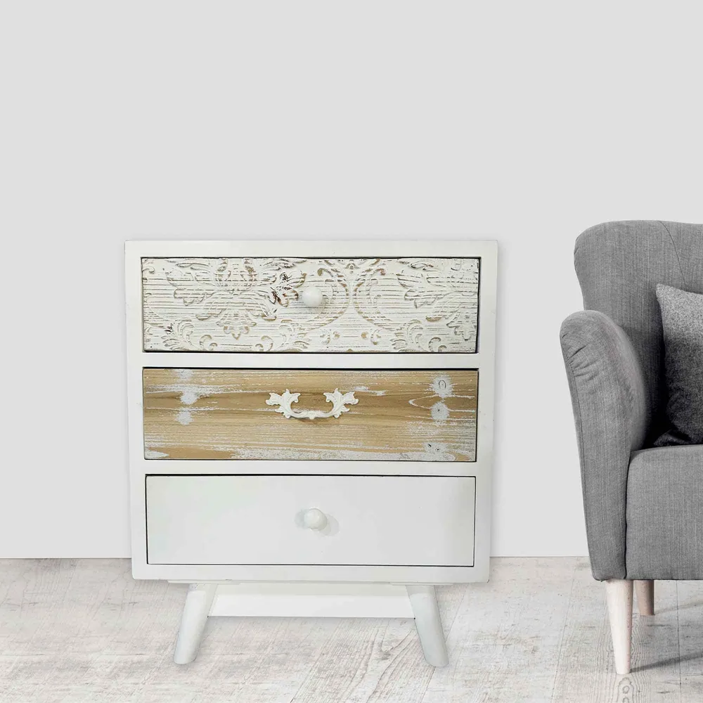 Table d’appoint blanche à 3 tiroirs de styles différents, 20'' x 14'' x 24'' avec revêtement résistant aux taches