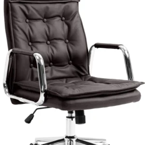 Fauteuil de bureau capitonné rembourrage fort en véritable cuir marron et pieds métal chromé 10_0002645
