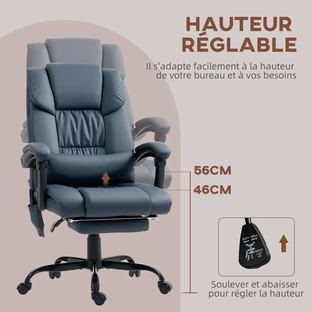 Fauteuil de bureau massant avec repose-pieds, chaise de bureau, chaise ergonomique, hauteur réglable, dossier inclinable e...