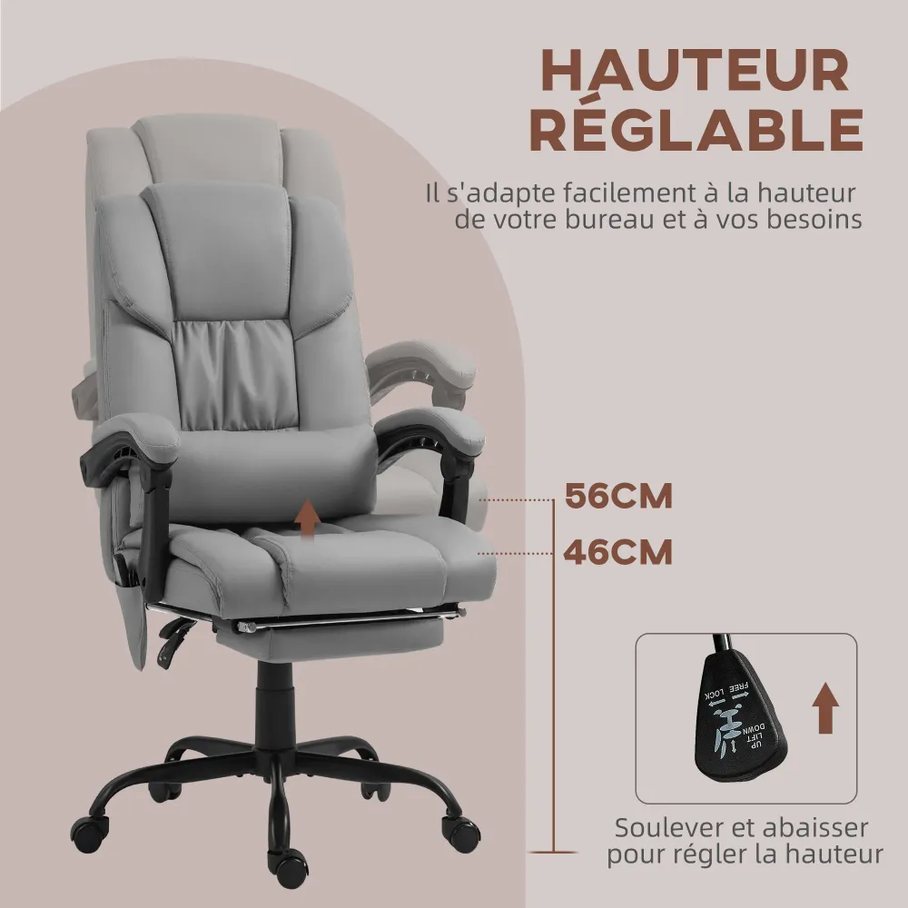 Fauteuil de bureau massant avec repose-pieds, chaise de bureau, chaise ergonomique, hauteur réglable, dossier inclinable e...