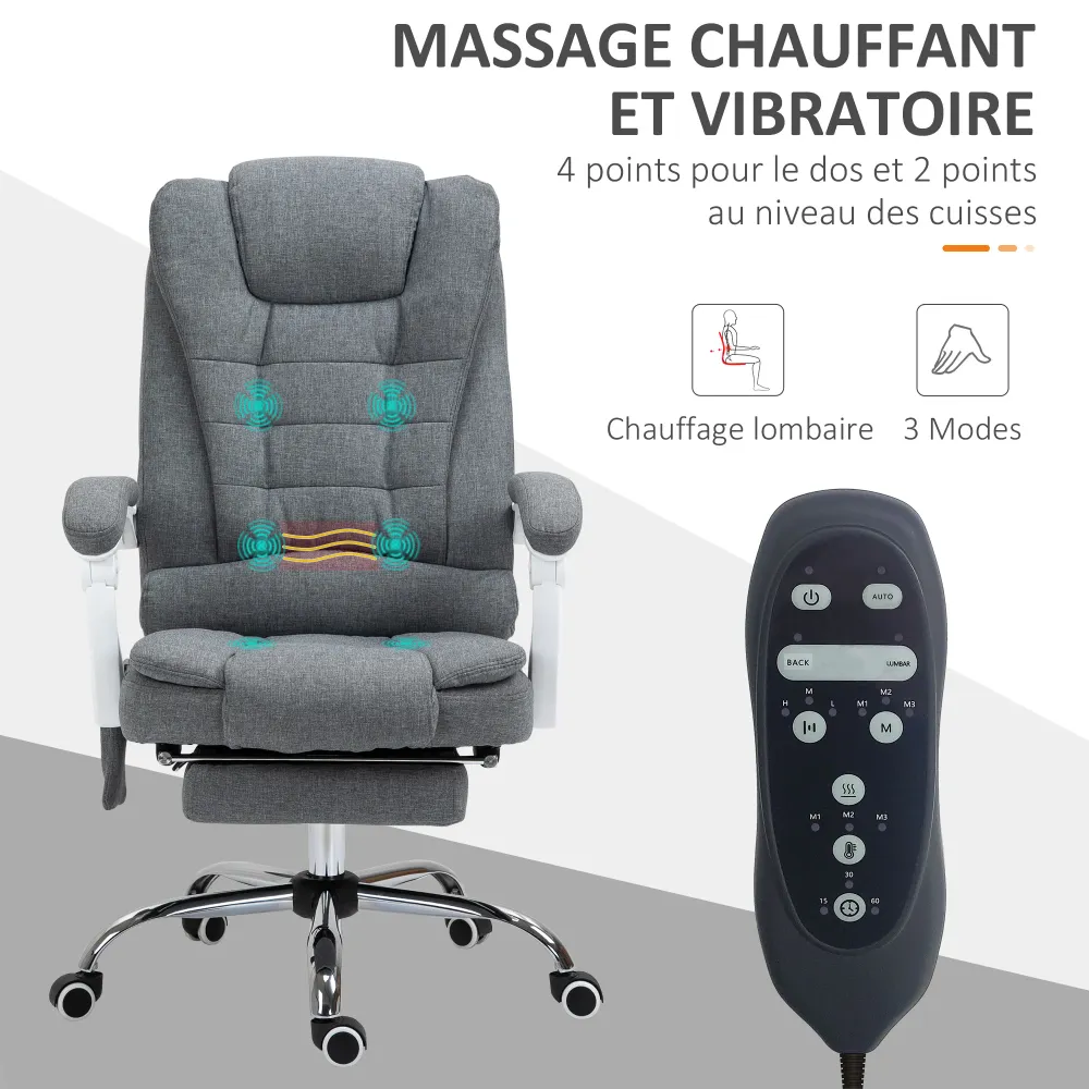 Fauteuil de bureau massant et chauffant, chaise de bureau, chaise ergonomique avec hauteur réglable, dossier inclinable et...