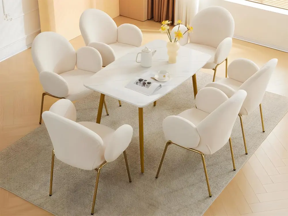 Lot de 6 Chaises en tissu de teddy avec pieds dorés - Blanc