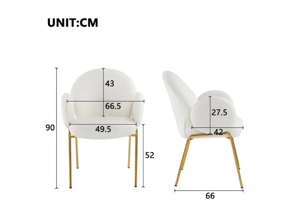 Lot de 6 Chaises en tissu de teddy avec pieds dorés - Blanc