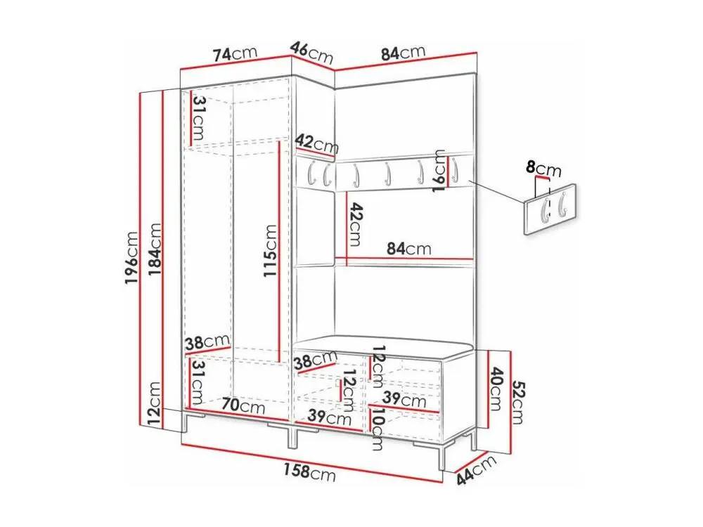 Meuble d'entrée Hartford F100, 196x158x44cm, Craft chêne, Stratifié|Tapisserie