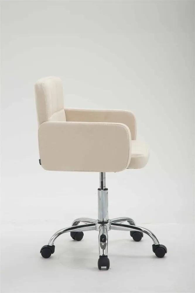 Tabouret de travail chaise de bureau en tissu crème structure à 5 roulettes métal chromé 10_0008659