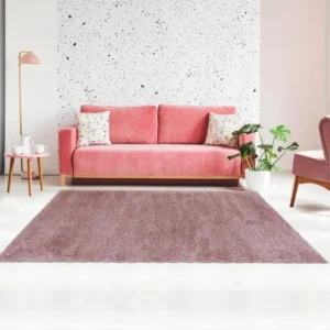 Tapis shaggy 160x160 cm Rond SHAGGY FLU Rose Chambre adapté au chauffage par le sol