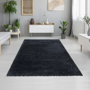 Tapis shaggy 160x160 cm Rond SHAGGY FLU Noir Chambre adapté au chauffage par le sol