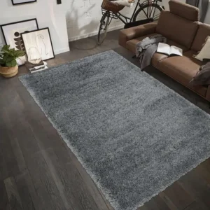 Tapis shaggy 160x160 cm Rond SHAGGY FLU Argent Chambre adapté au chauffage par le sol