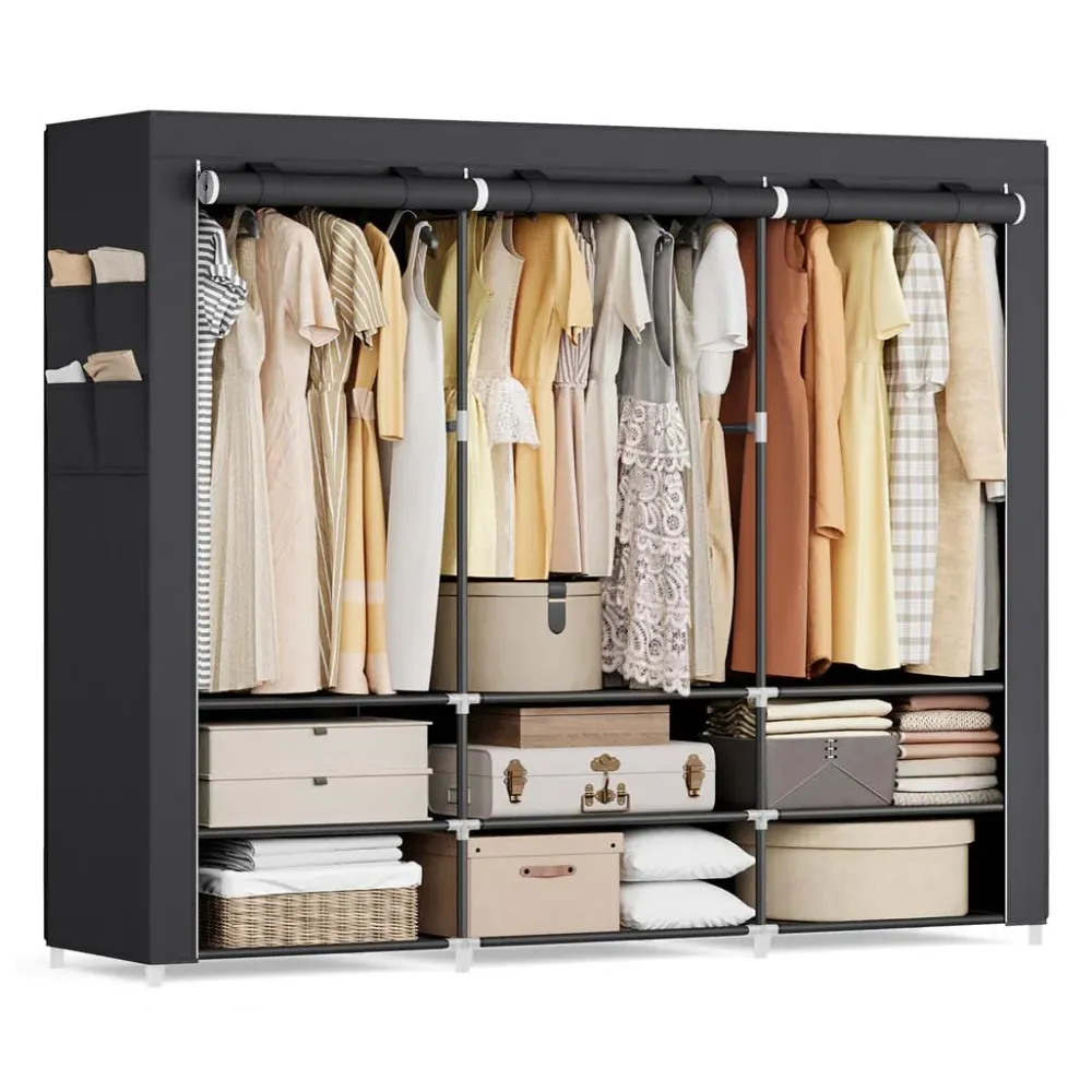 Armoire chambre en tissu porte-vêtements penderie 45 x 127 x 176 cm cm 2 compartiments de suspension abvec étagères 4 poch...