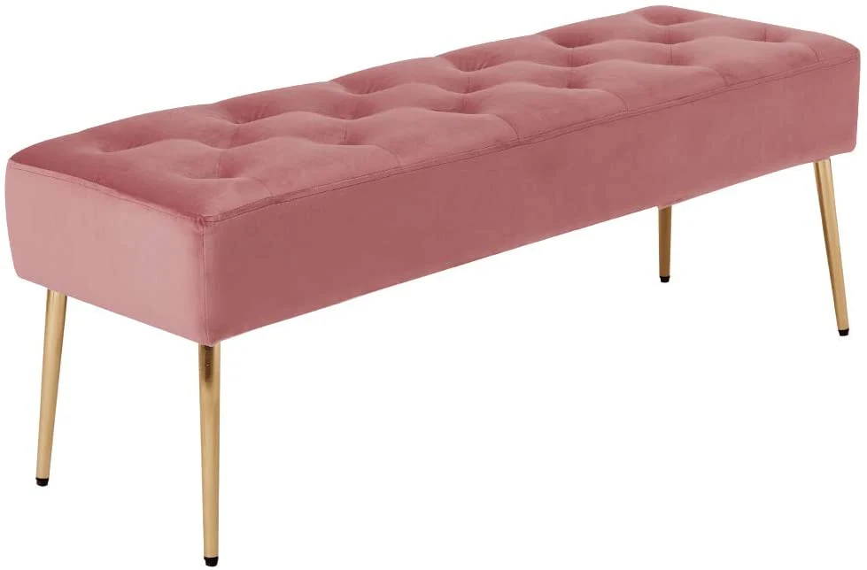 Banc banquette rembourré capitonné en tissu velours rose pieds métal doré BAN09010