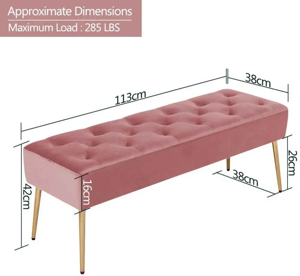Banc banquette rembourré capitonné en tissu velours rose pieds métal doré BAN09010