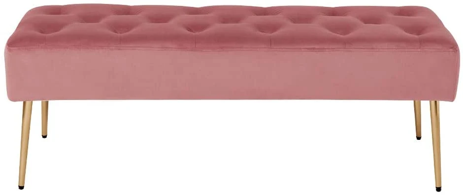 Banc banquette rembourré capitonné en tissu velours rose pieds métal doré BAN09010