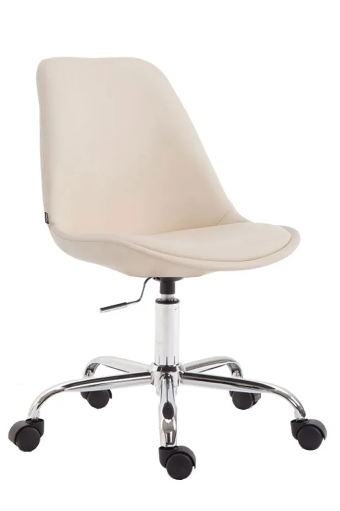 Chaise de bureau tabouret de travail sur roulettes hauteur réglable en VINYLE crème et métal chromé 10_0002682