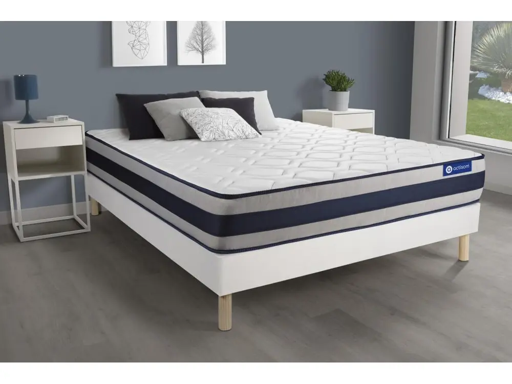 Ensemble matelas Ressorts ensachés + Mémoire de forme ACTIFLEX ERGO 160x200 Maxi épaisseur 5zones confort + sommier KIT blanc