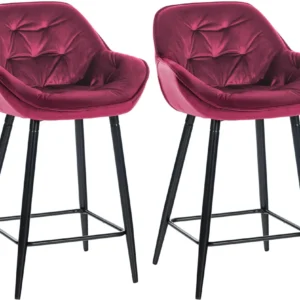 Lot de 2 tabourets de bar actuel en velours rouge bordeaux assise enveloppante capitonnée pieds métal noir 10_0006031