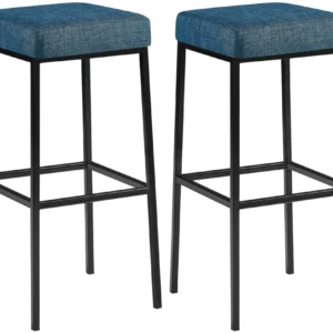 Lot de 2 tabourets de bar avec repose-pieds assises carrées hauteur 80 cm en tissu bleu et métal noir 10_0006072