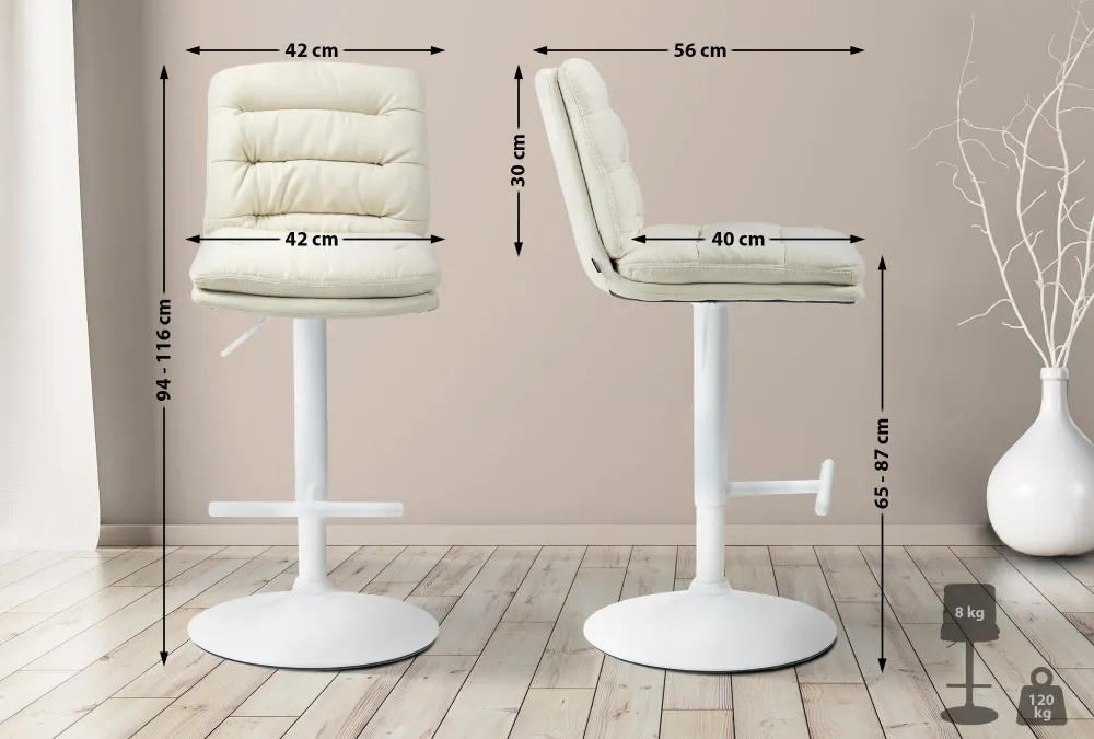 Lot de 2 tabourets de bar avec repose-pieds et dossier assise rembourré en tissu crème et métal blanc 10_0006755