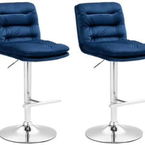 Lot de 2 tabourets de bar avec repose-pieds et dossier assise rembourré en velours bleu et métal chromé 10_0006638