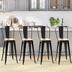 Lot de 4 tabourets de bar industriel avec dossier repose-pied hauteur assise 76 cm métal panneaux multicouches imitation b...