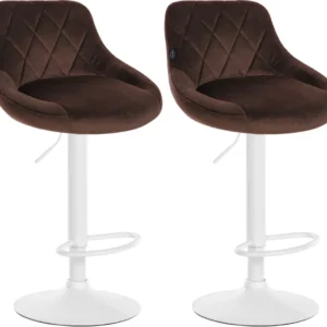 Lot de 2 tabourets de bar pivotant hauteur réglable en velours marron surpiqûres décoratives cadre en métal blanc 10_0006772
