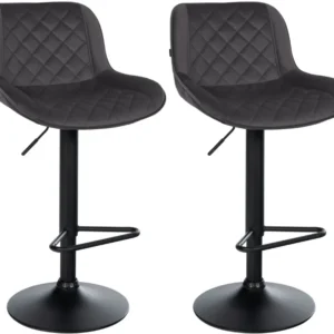 Lot de 2 tabourets de bar repose-pieds hauteur réglable en velours noir coutures losange cadre métal noir 10_0006020