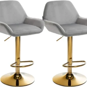 Lot de 2 tabourets de bar repose-pieds intégré revêtement velours gris structure en métal doré TDB10733