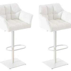 Lot de 2 tabourets de bar réglable en similicuir blanc assise enveloppante capitonnée avec base carrée en métal blanc 10_0...