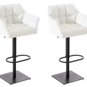 Lot de 2 tabourets de bar réglable en similicuir blanc assise enveloppante capitonnée avec base carrée en métal noir 10_00...