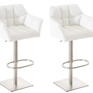 Lot de 2 tabourets de bar réglable en similicuir blanc assise enveloppante capitonnée avec base carrée en acier inoxydable...